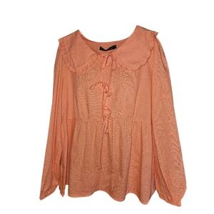 ZESICA Orange Peplum Top M | Tie Front, Puff Sleeves, Lapel Collar NEW